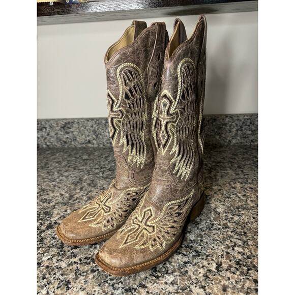 Corral Womens Black Glitter Cross Wings Embroidery Square Toe Cowboy Boots - Picture 1 of 6